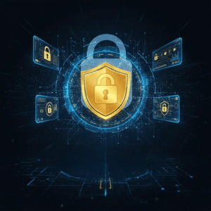 Ilustrasi perisai keamanan digital dengan efek hologram biru untuk menggambarkan akses resmi dan link alternatif Hokiku88 yang aman 2025.