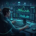 Ilustrasi modern live betting online dengan layar komputer menampilkan grafik odds yang berubah, seorang pemain fokus memasang taruhan, nuansa digital biru-hijau, dan logo Hokiku88 di layar.