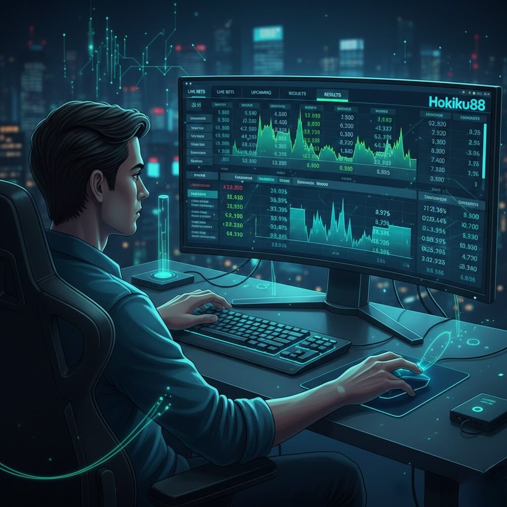 Ilustrasi modern live betting online dengan layar komputer menampilkan grafik odds yang berubah, seorang pemain fokus memasang taruhan, nuansa digital biru-hijau, dan logo Hokiku88 di layar.