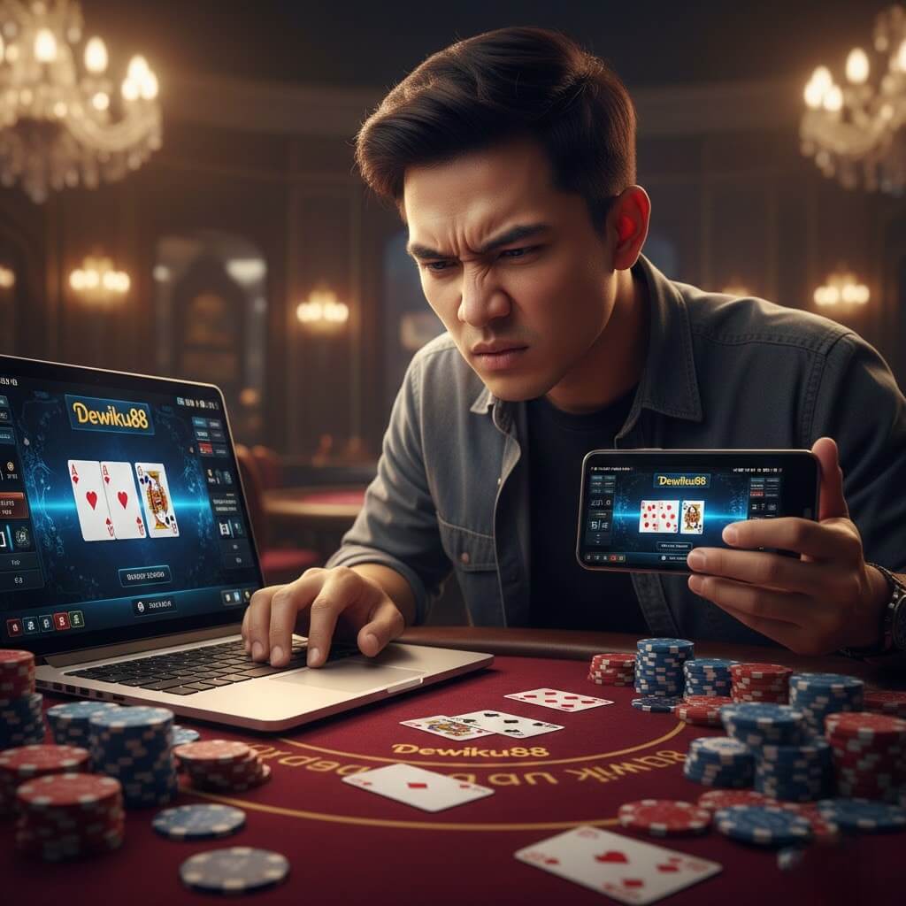 Pemain poker online pemula di Dewiku88 sedang menganalisis kartu dan taruhan di laptop dan smartphone