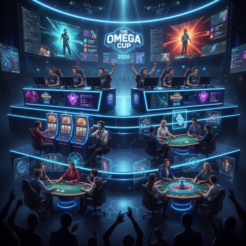 Turnamen game online terbesar 2026 menampilkan pemain esports, slot, poker, dan live casino, antusiasme tinggi dan visual grafis realistis