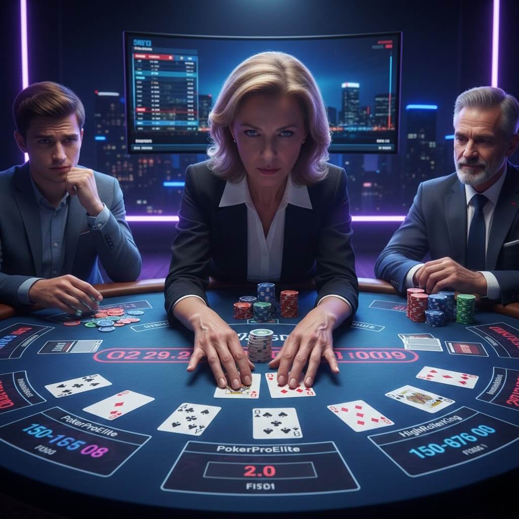 Pemain poker profesional dan pemula bermain poker online di meja 12HOKI, menampilkan strategi dan manajemen modal